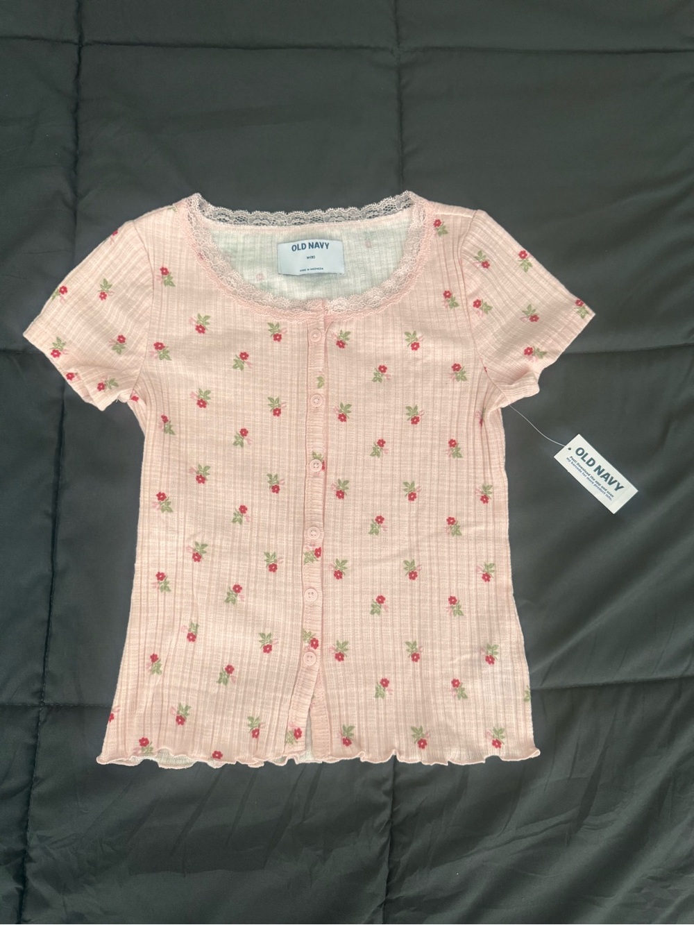 Old Navy Light Pink Floral Ribbed Button-Up Top